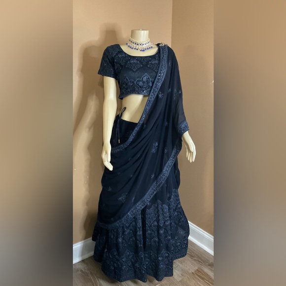 🐘 Embroidered Georgette Lehenga in Navy Blue - Picture 2 of 16